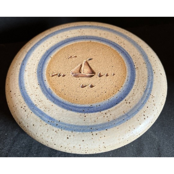 Blue stripe stoneware crock with lid with sail boat  6” X 2.5” - Picture 2 of 11